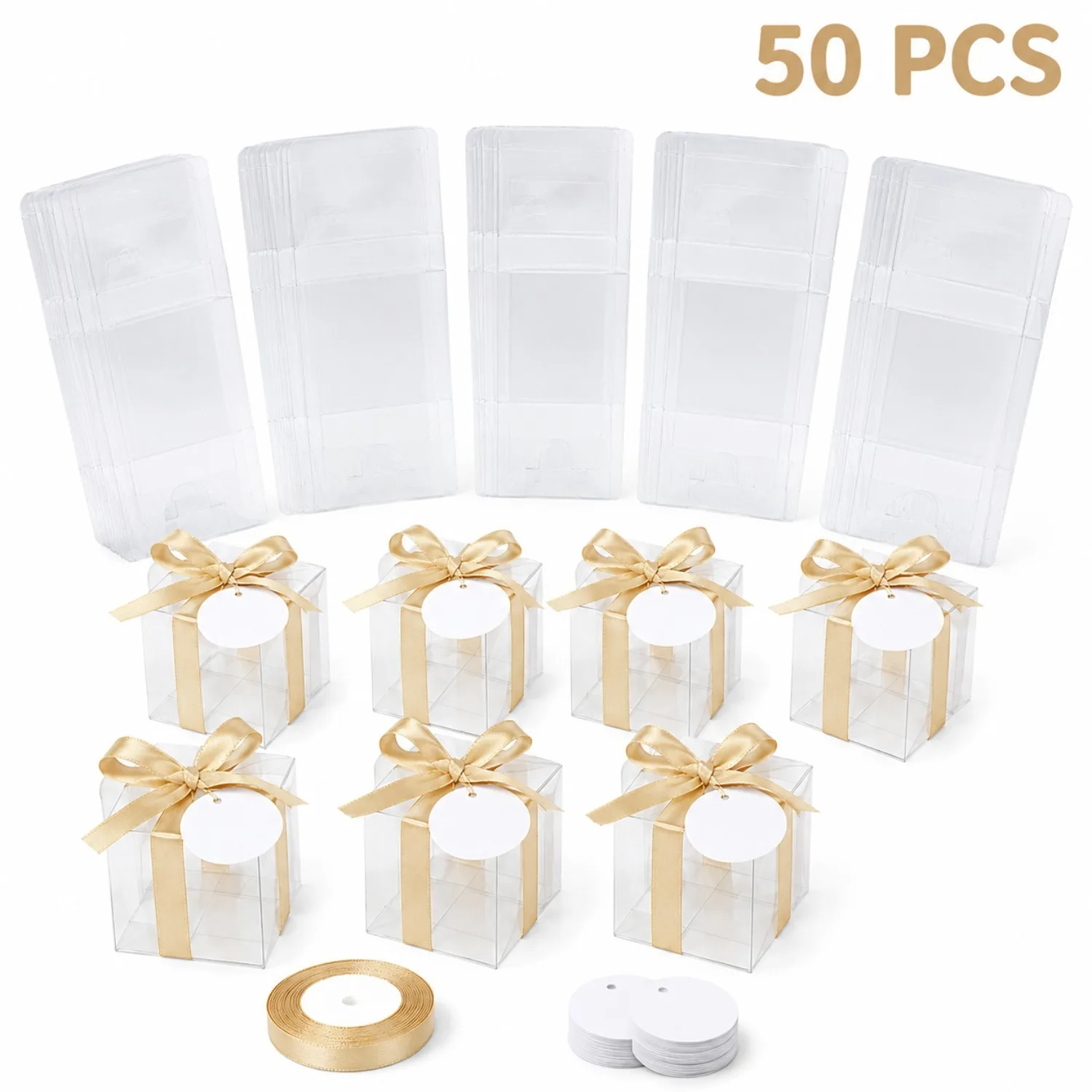 Event Party Box - กล่องของขวัญใส ขนาด 20/50 พร้อมลวดสีทองและป้ายชื่อ เหมาะสำหรับงานแต่งงาน วันเกิด