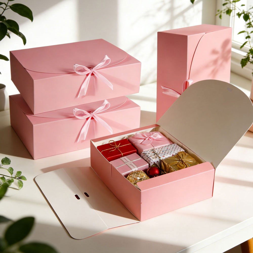 Event Party Box - 5 ชิ้น กล่องของขวัญแบบฝาพับสีชมพูแฟชั่น พร้อมริบบิ้นผ้าซาติน สำหรับจัดเก็บและใช้ซ้ำได้ เหมาะสำหรับวันเกิด